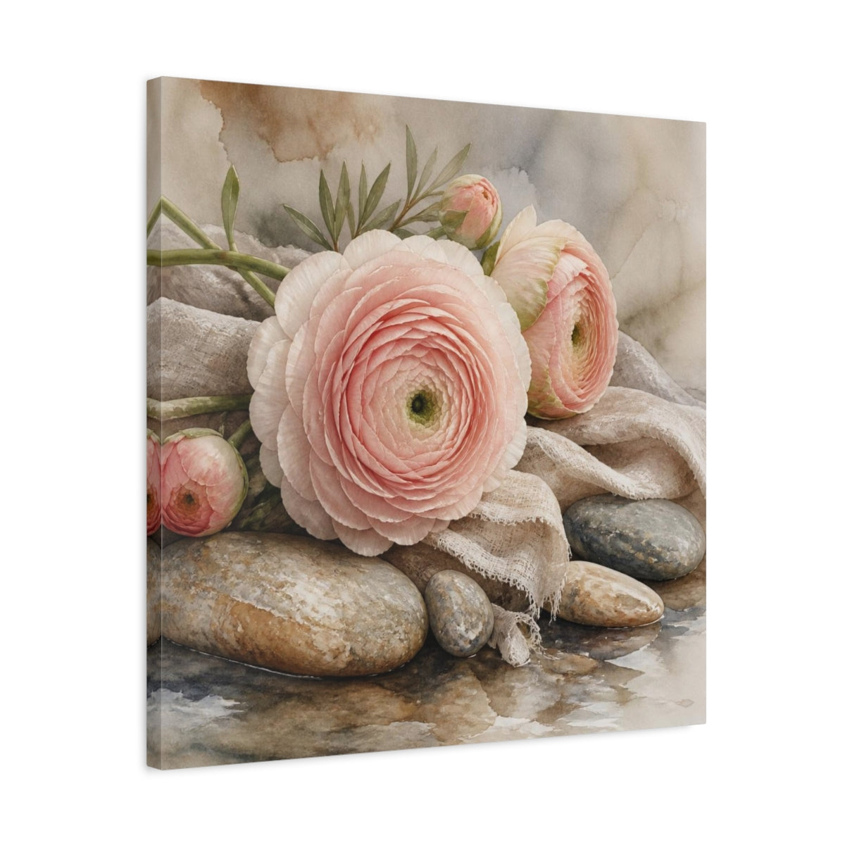 Side Mockup 4. Blushing Ranunculus On Stones shown as canvas print