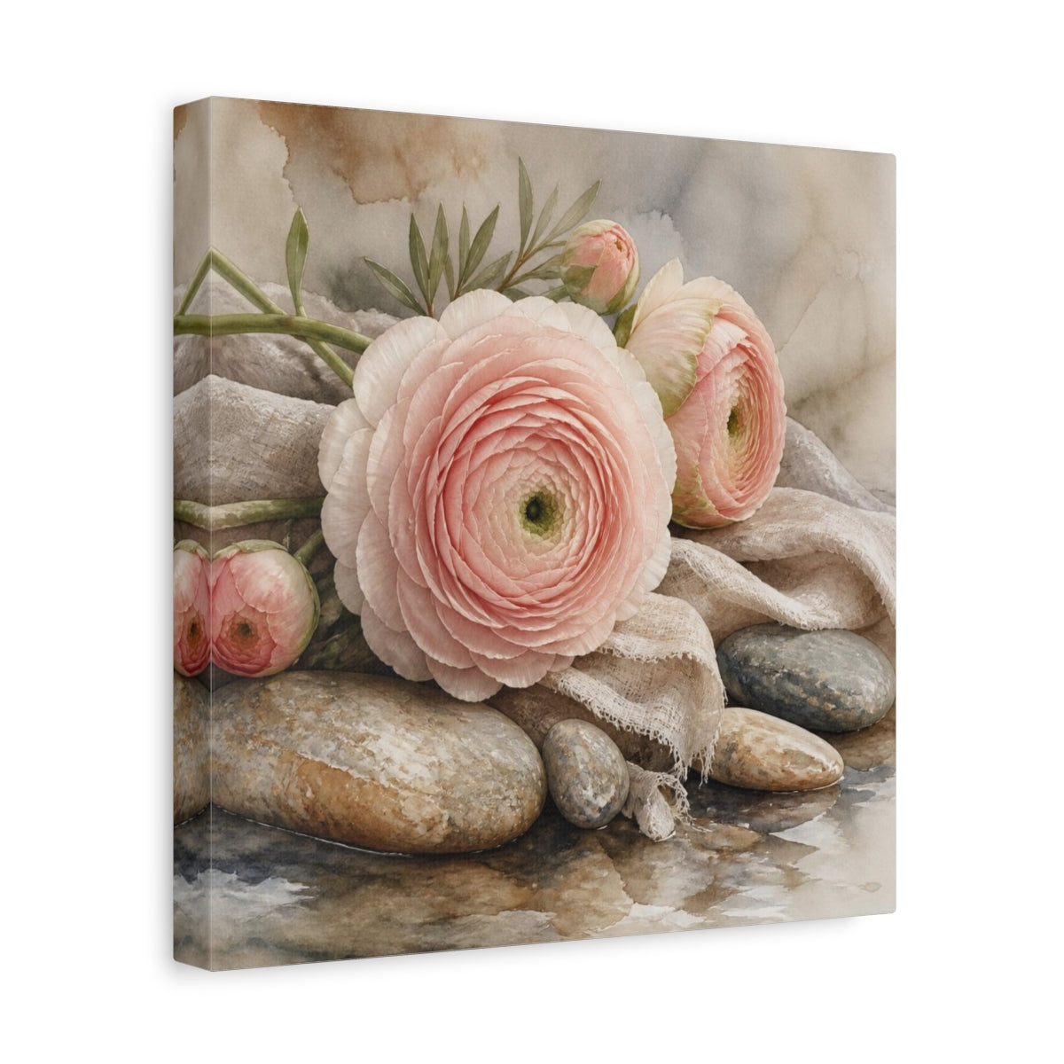 Side Mockup 8. Blushing Ranunculus On Stones shown as canvas print