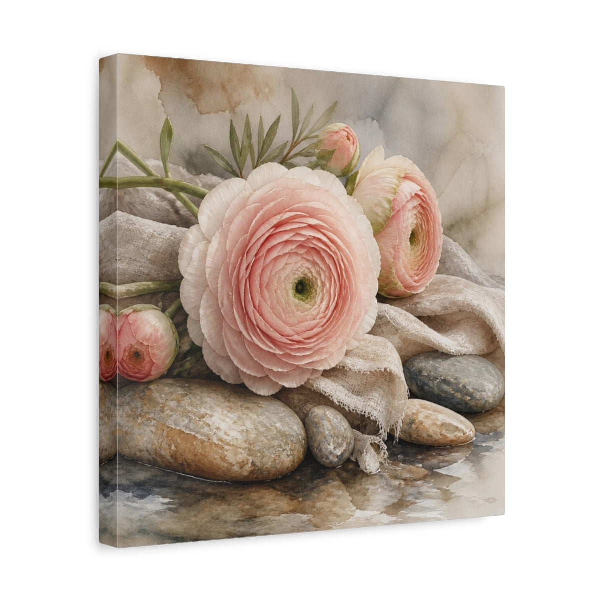 Side Mockup 7. Blushing Ranunculus On Stones shown as canvas print