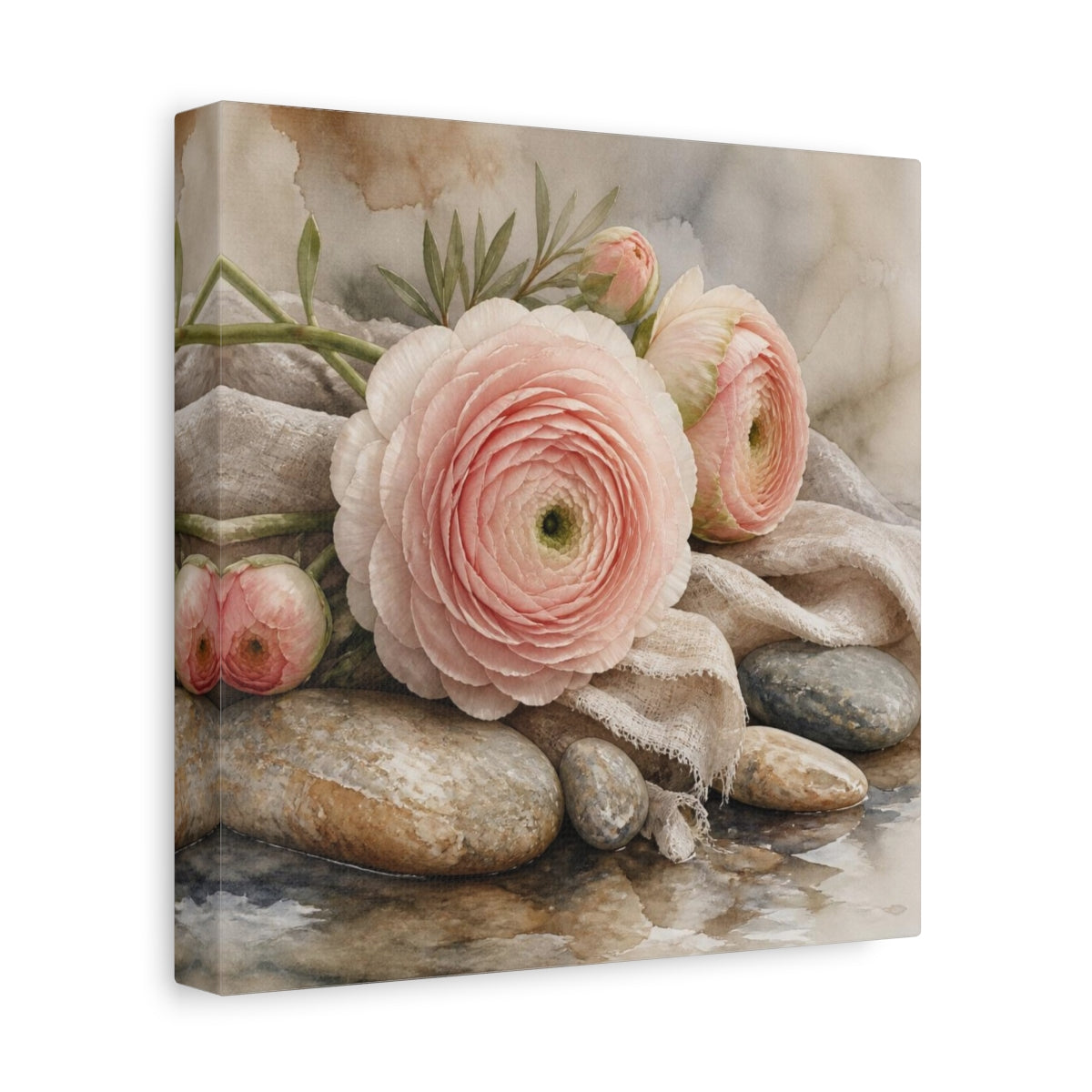 Side Mockup 9. Blushing Ranunculus On Stones shown as canvas print
