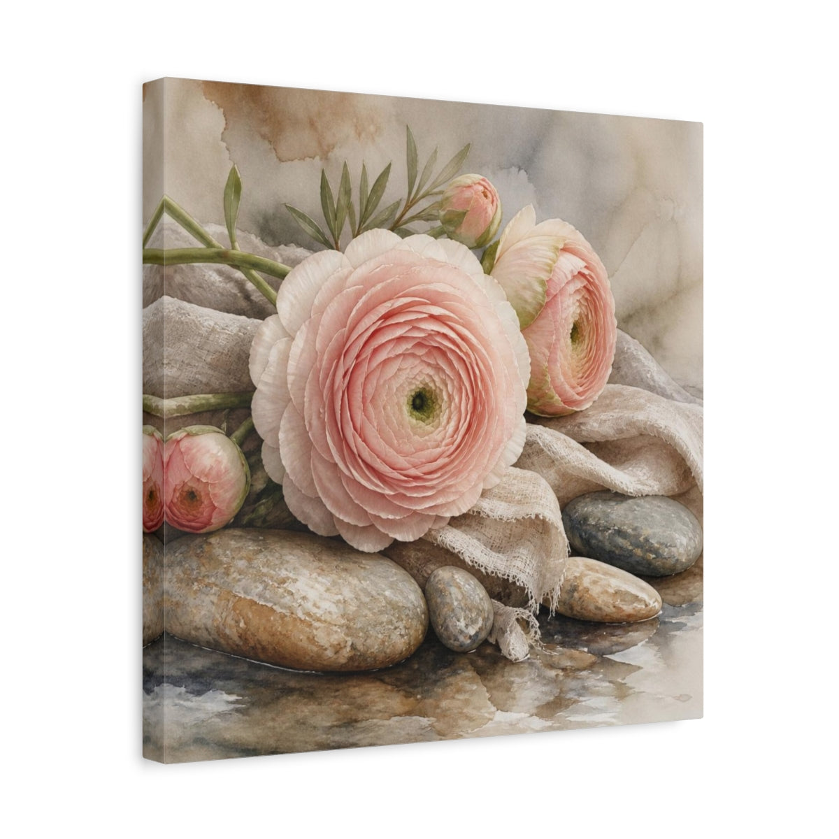 Side Mockup 6. Blushing Ranunculus On Stones shown as canvas print