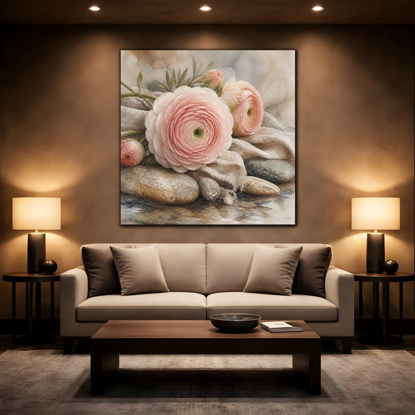 Mockup 2. Blushing Ranunculus On Stones shown as canvas print