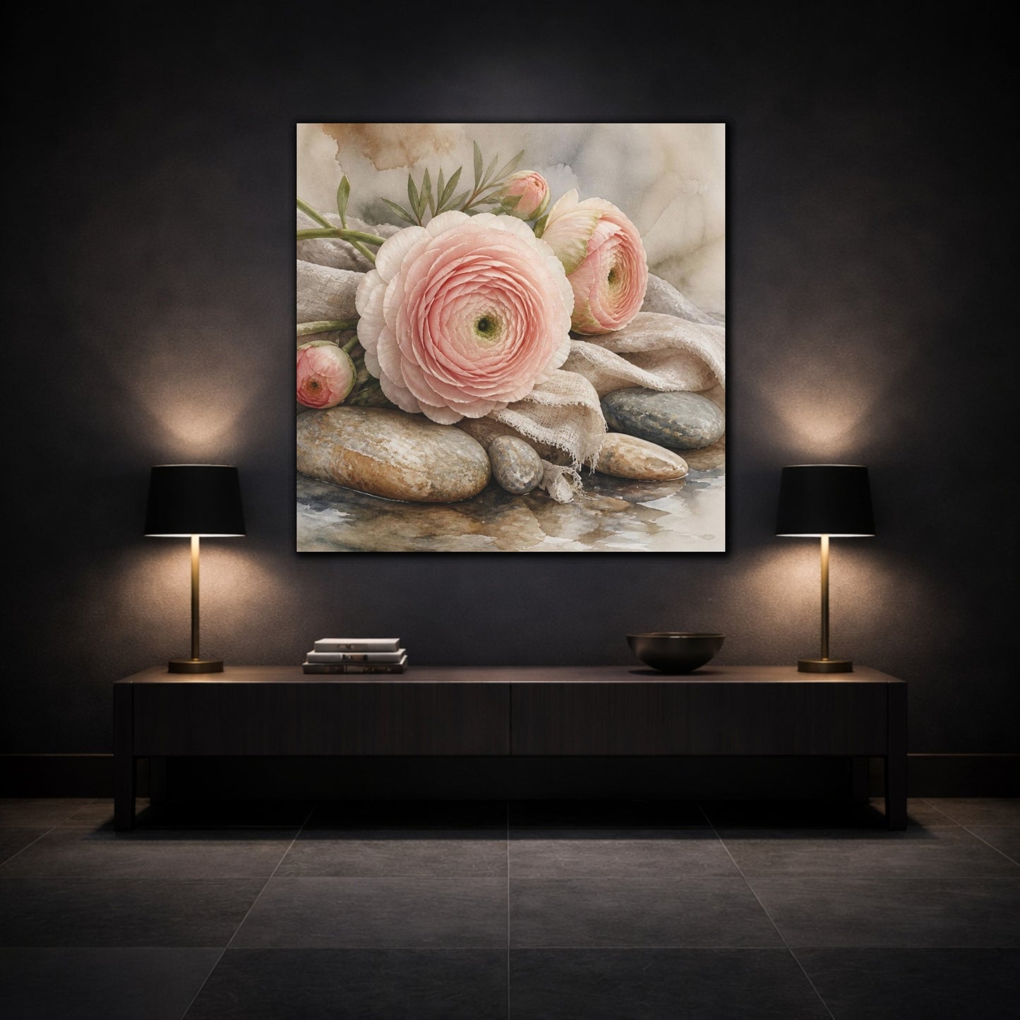 Mockup 3. Blushing Ranunculus On Stones shown as canvas print