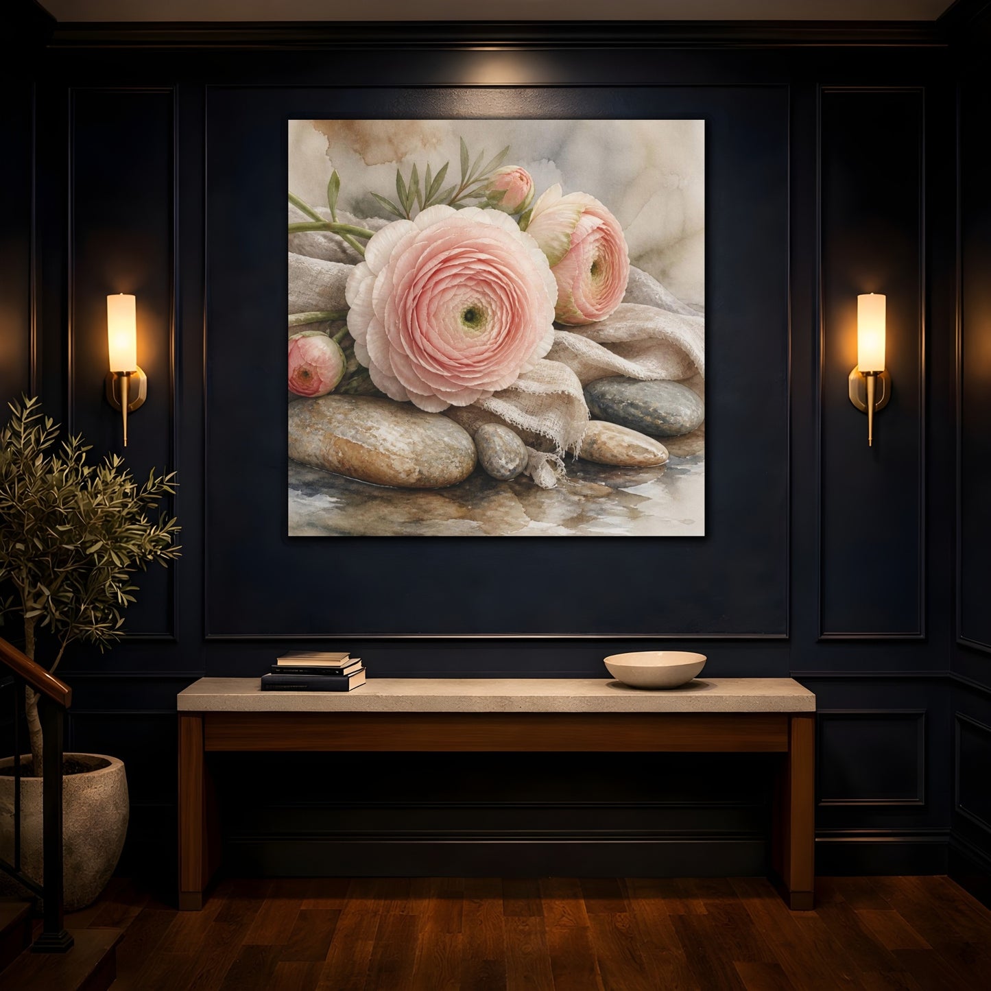 Mockup 4. Blushing Ranunculus On Stones shown as canvas print