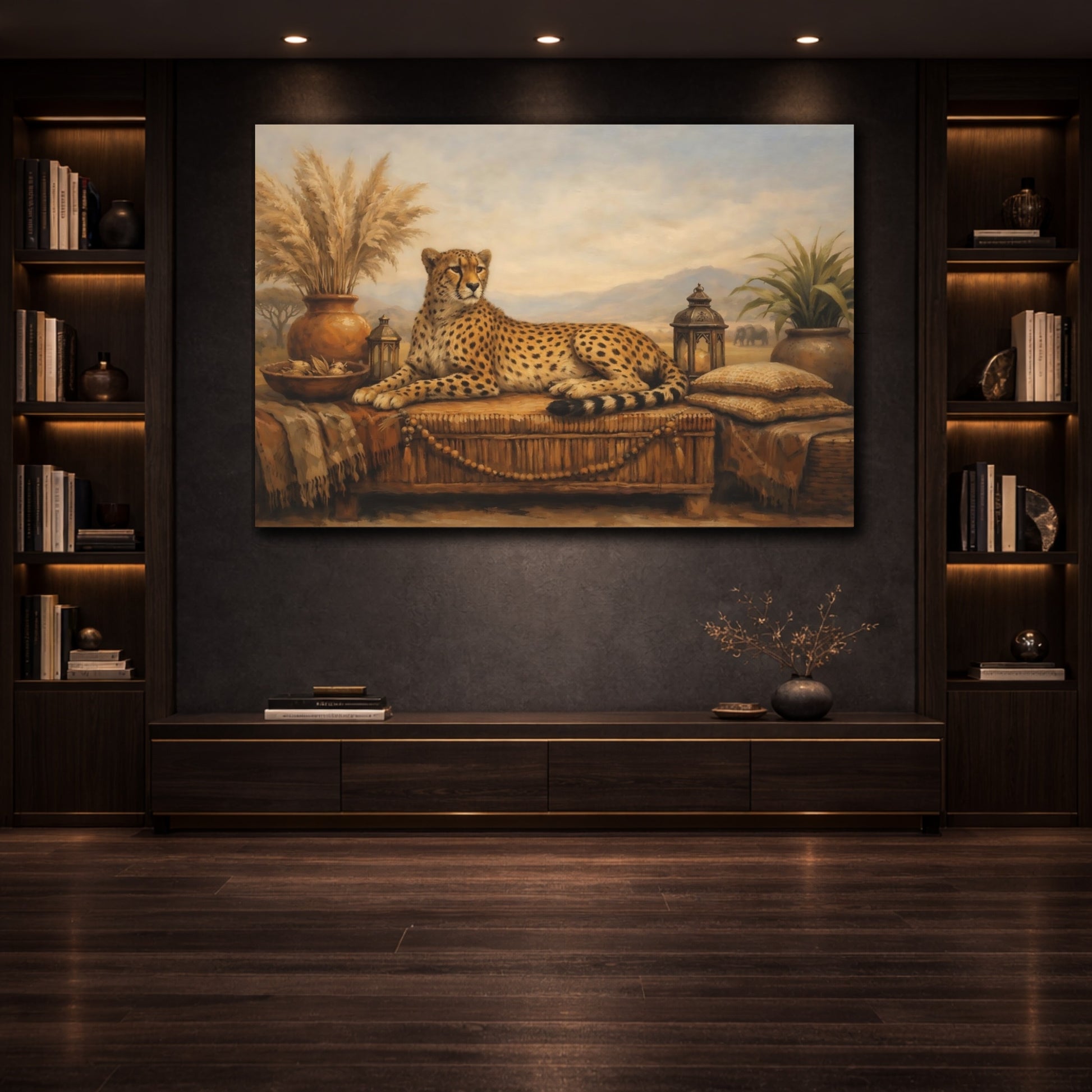 Mockup 3. Boho Animal Interior Harmony Scene shown as stretched canvas wall art