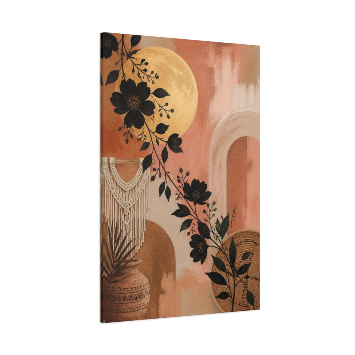 Side Mockup 1. Boho Black Floral Moon shown as canvas print