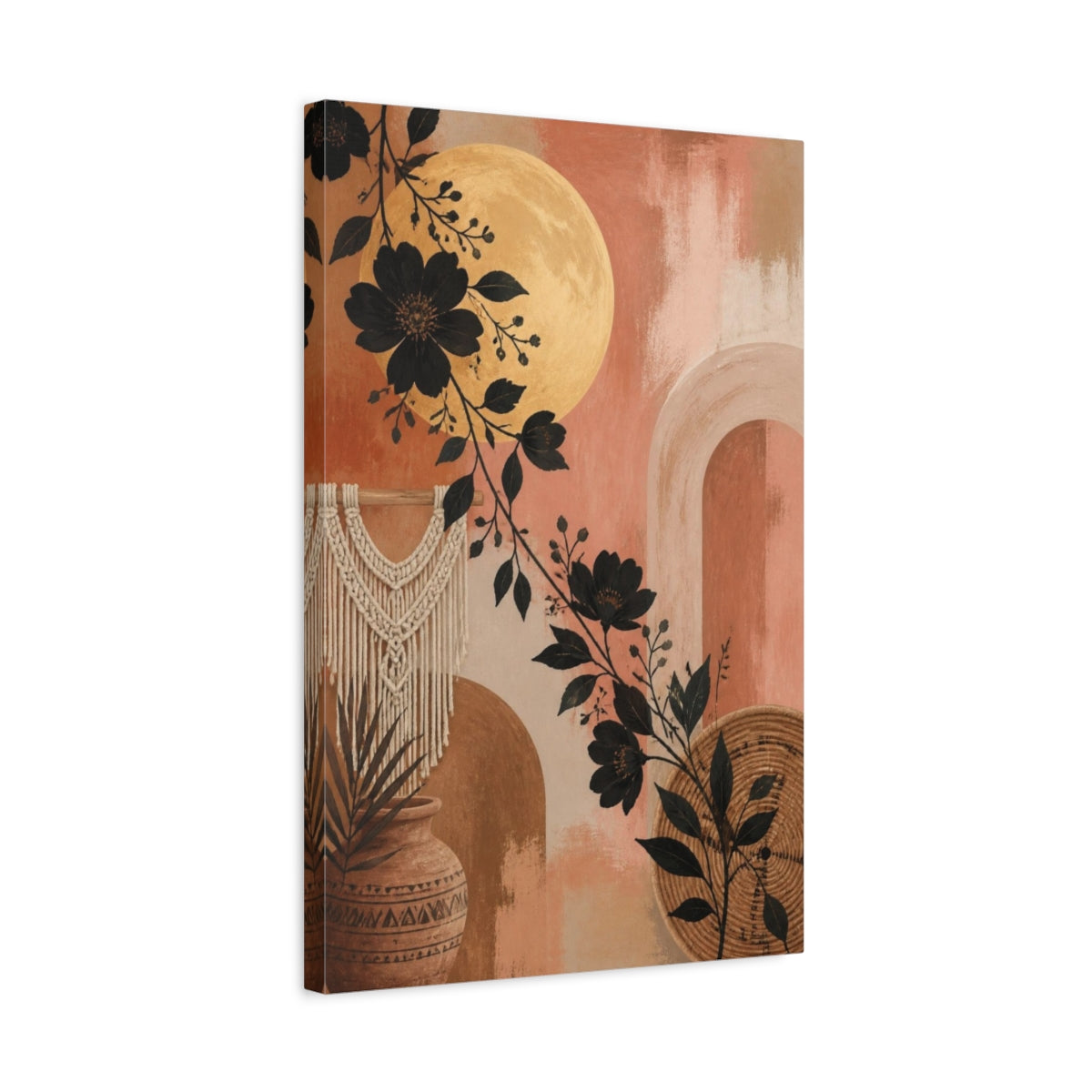 Side Mockup 3. Boho Black Floral Moon shown as canvas print