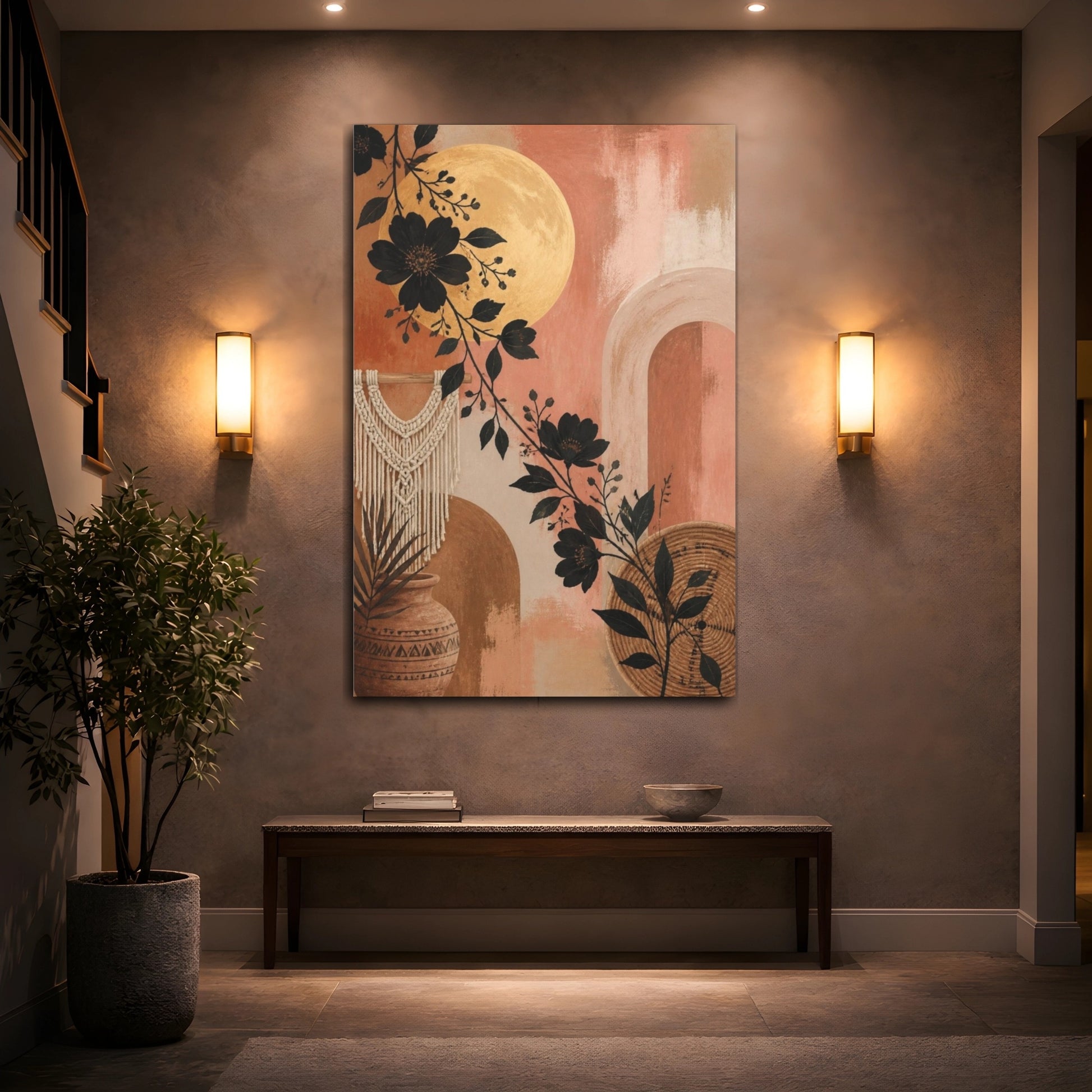 Mockup 2. Boho Black Floral Moon shown as canvas print
