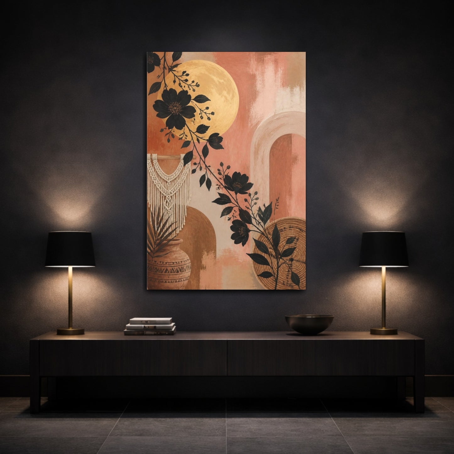 Mockup 3. Boho Black Floral Moon shown as canvas print