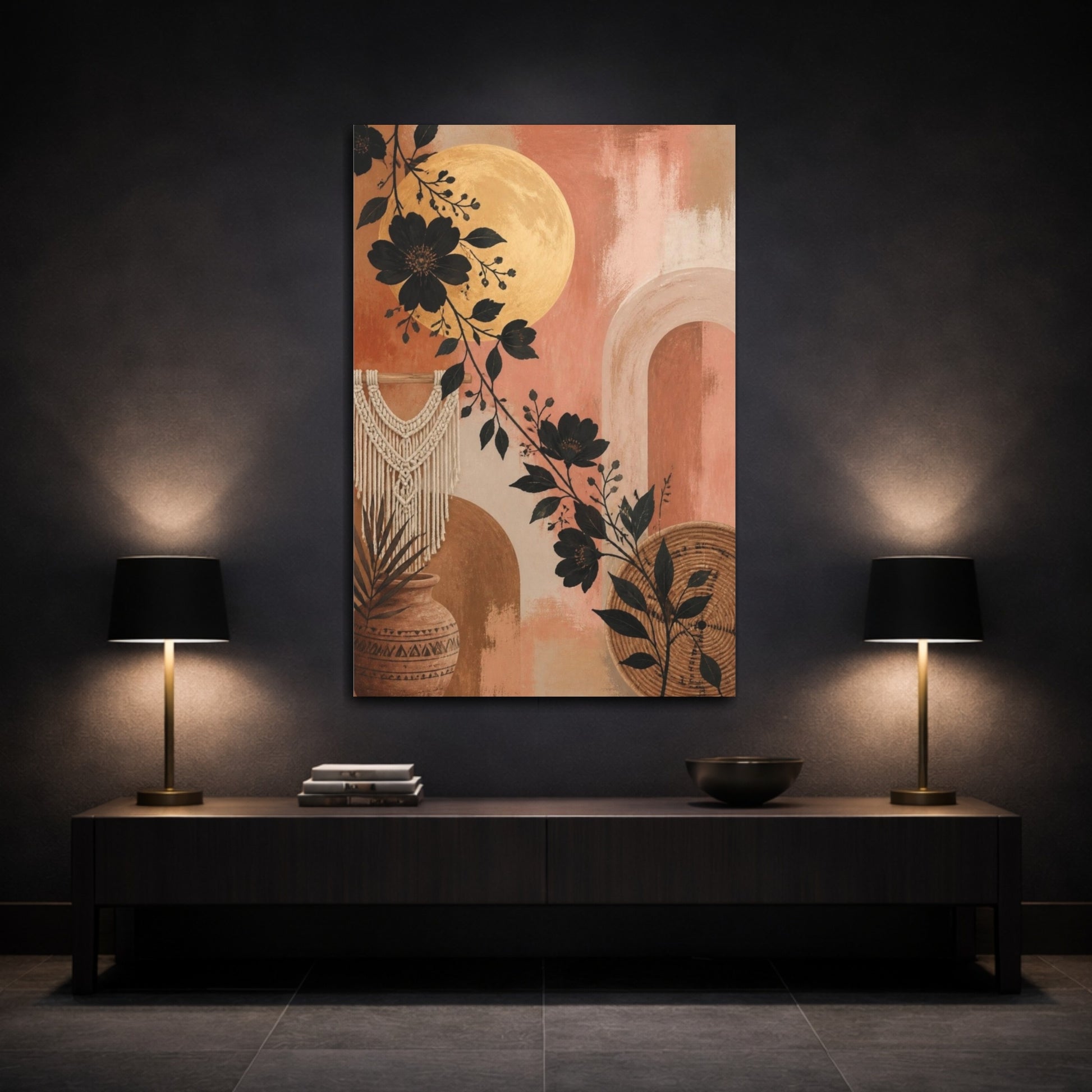 Mockup 3. Boho Black Floral Moon shown as canvas print