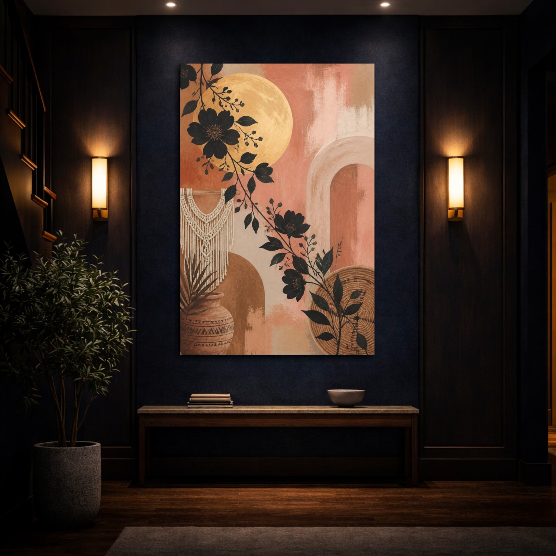 Mockup 4. Boho Black Floral Moon shown as canvas print