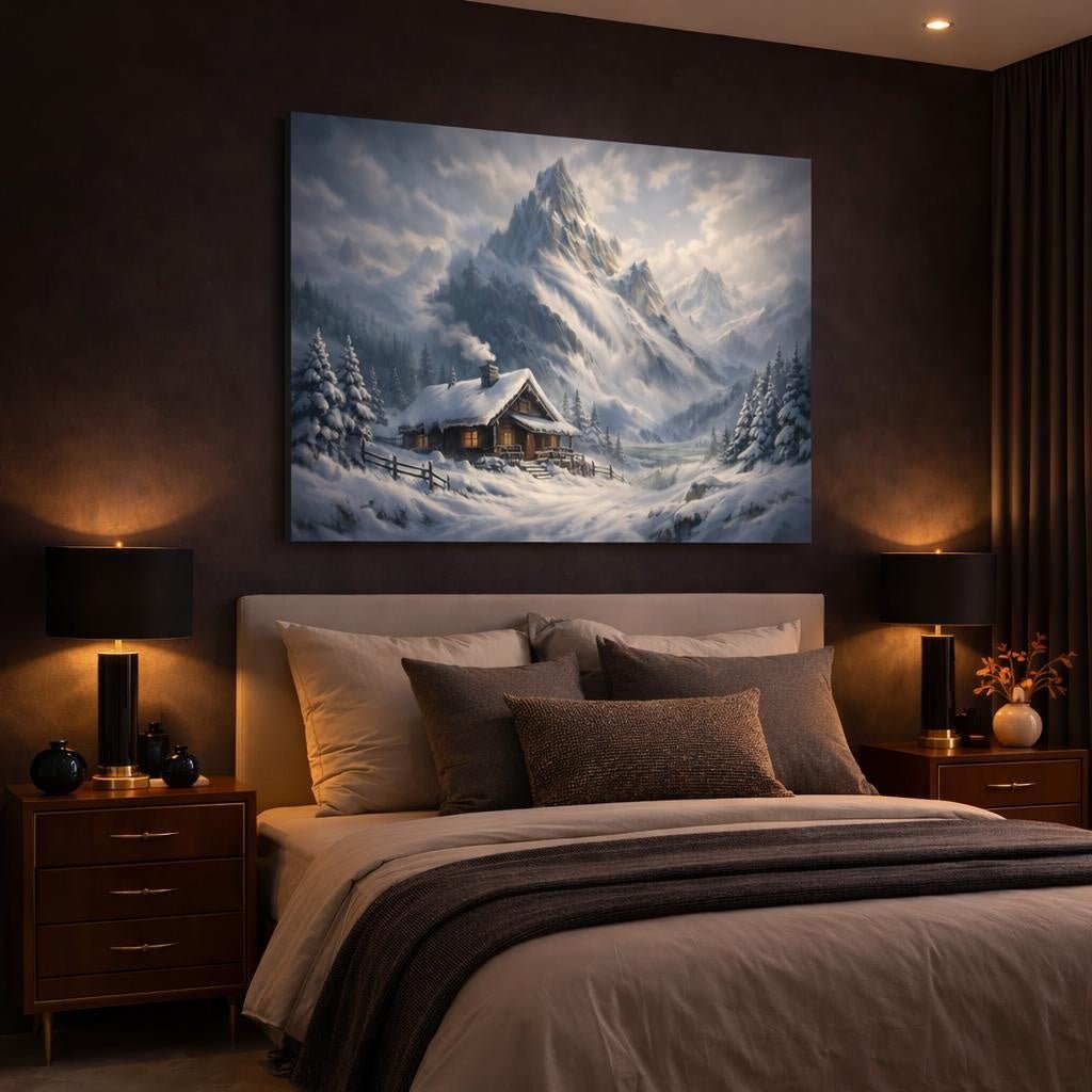 Boho Blizzard Mountain Winter Cabin Nature - Canvas Wall Art Print - YesArtYes