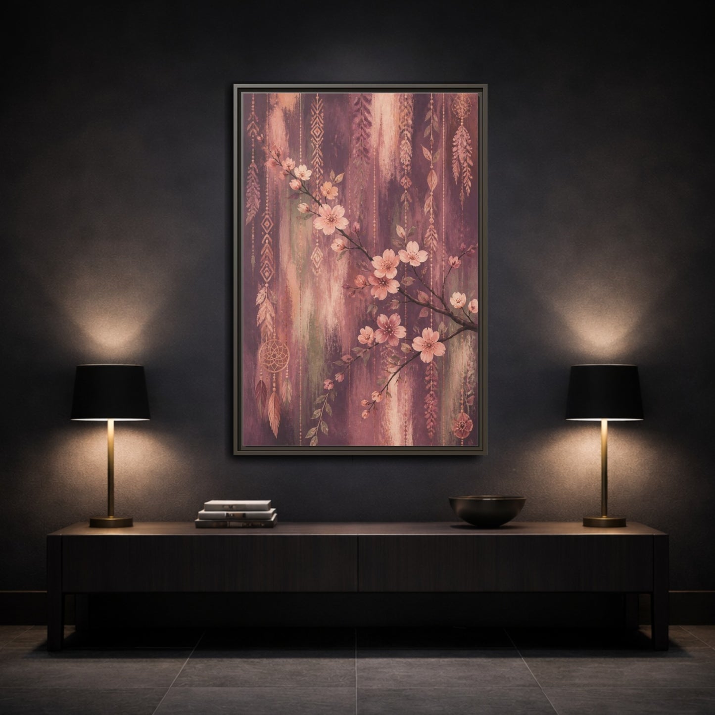 Mockup 3. Boho Blossom Branch shown as framed canvas print