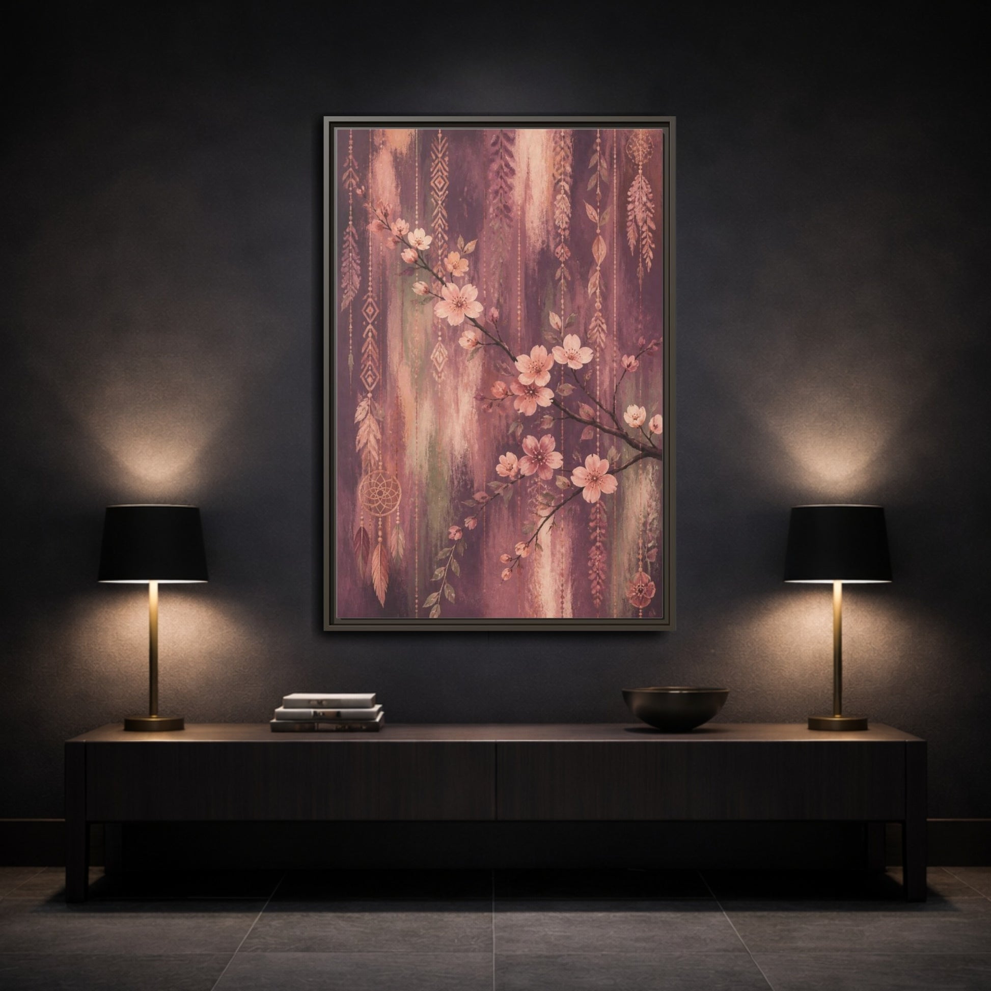 Mockup 3. Boho Blossom Branch shown as framed canvas print
