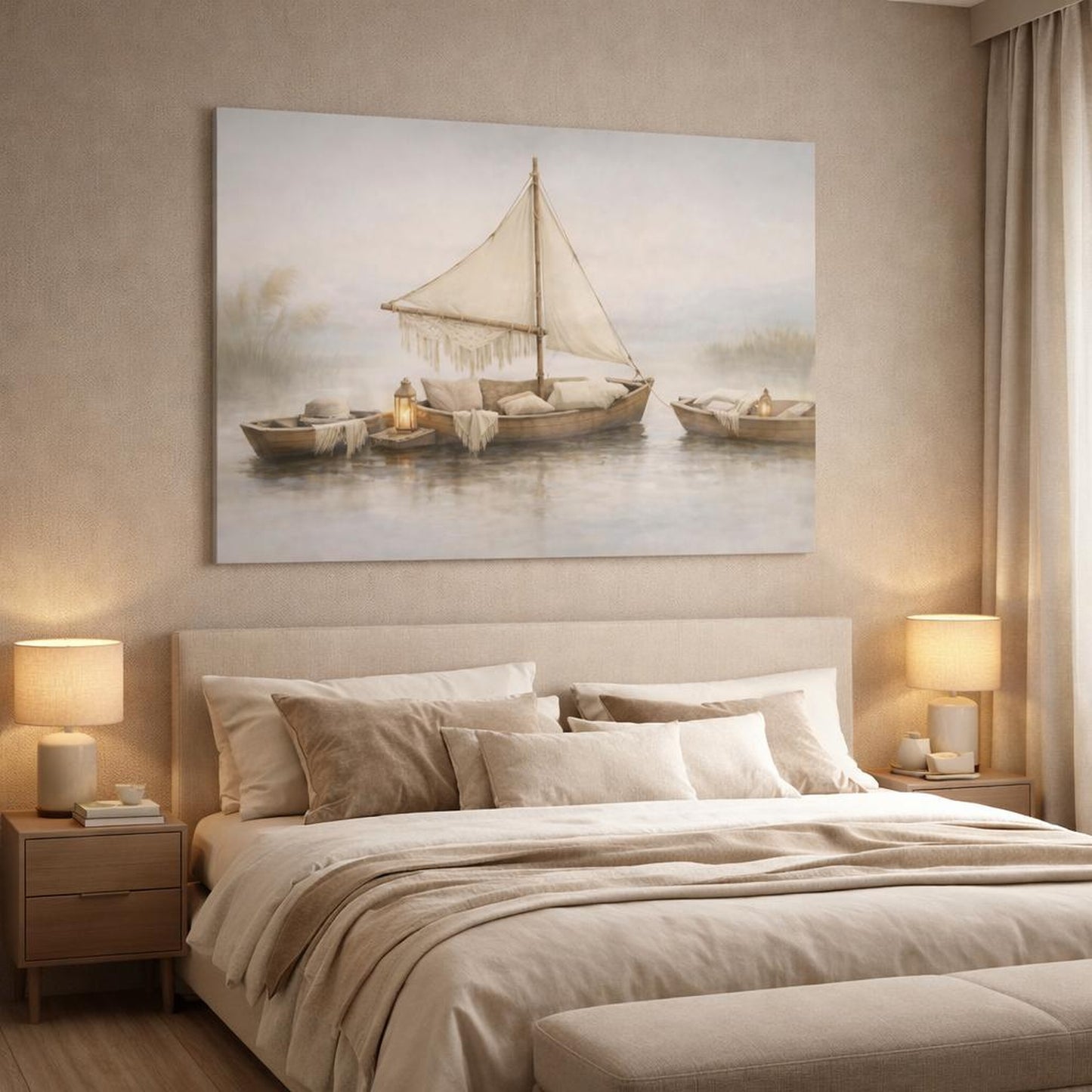 Boho Boats shown as canvas wall art in a luxury bedroom