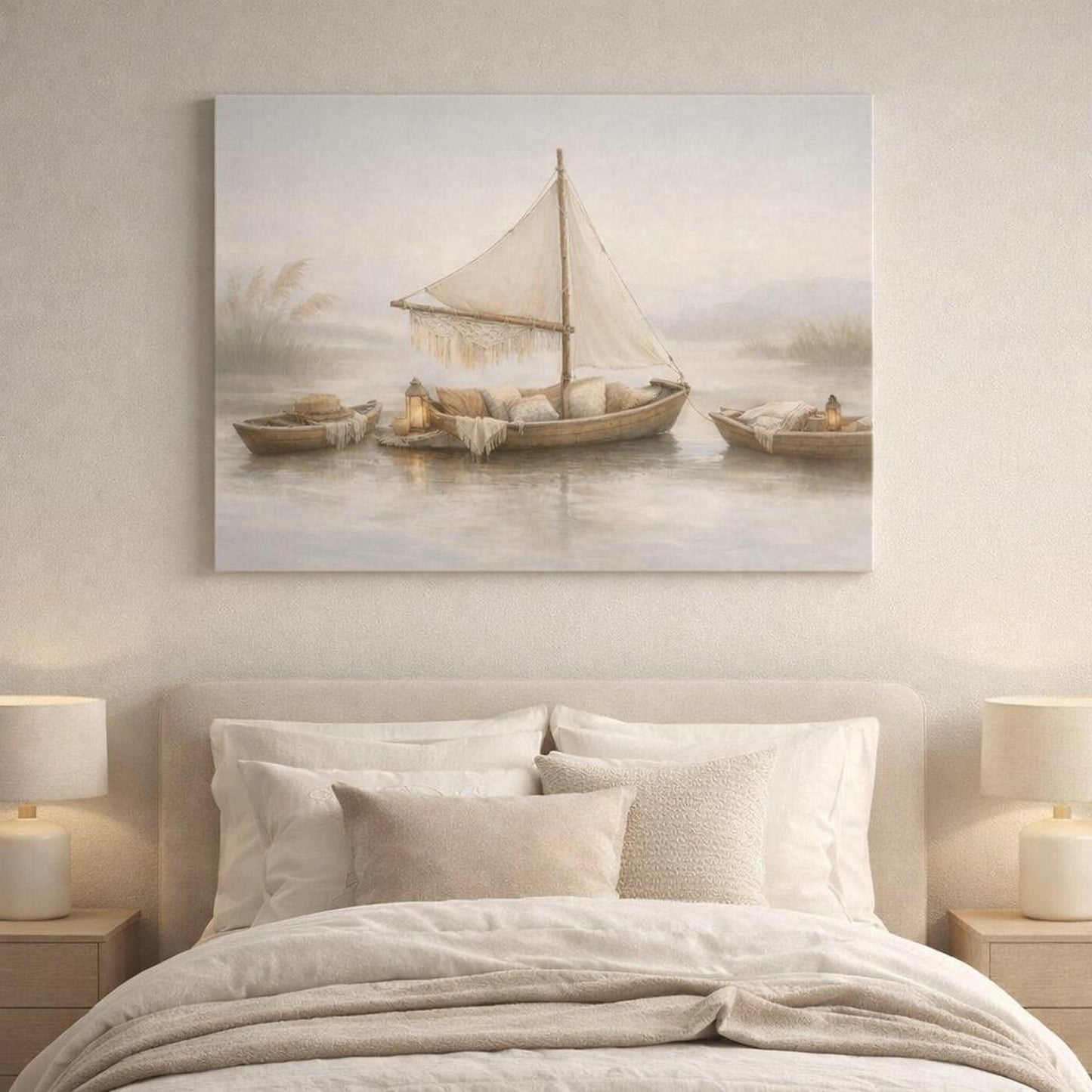 Boho Boats shown as canvas wall art in a luxury executive office