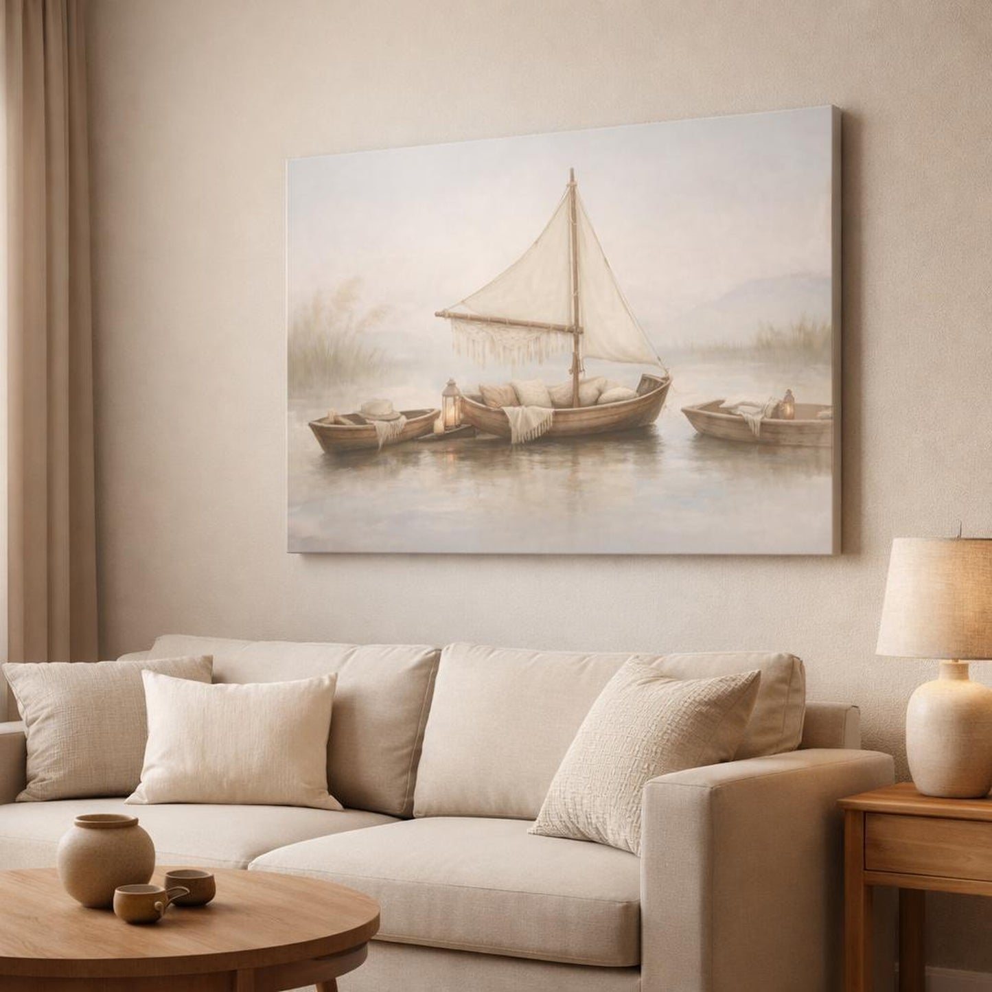 Boho Boats shown as canvas wall art in a modern living room