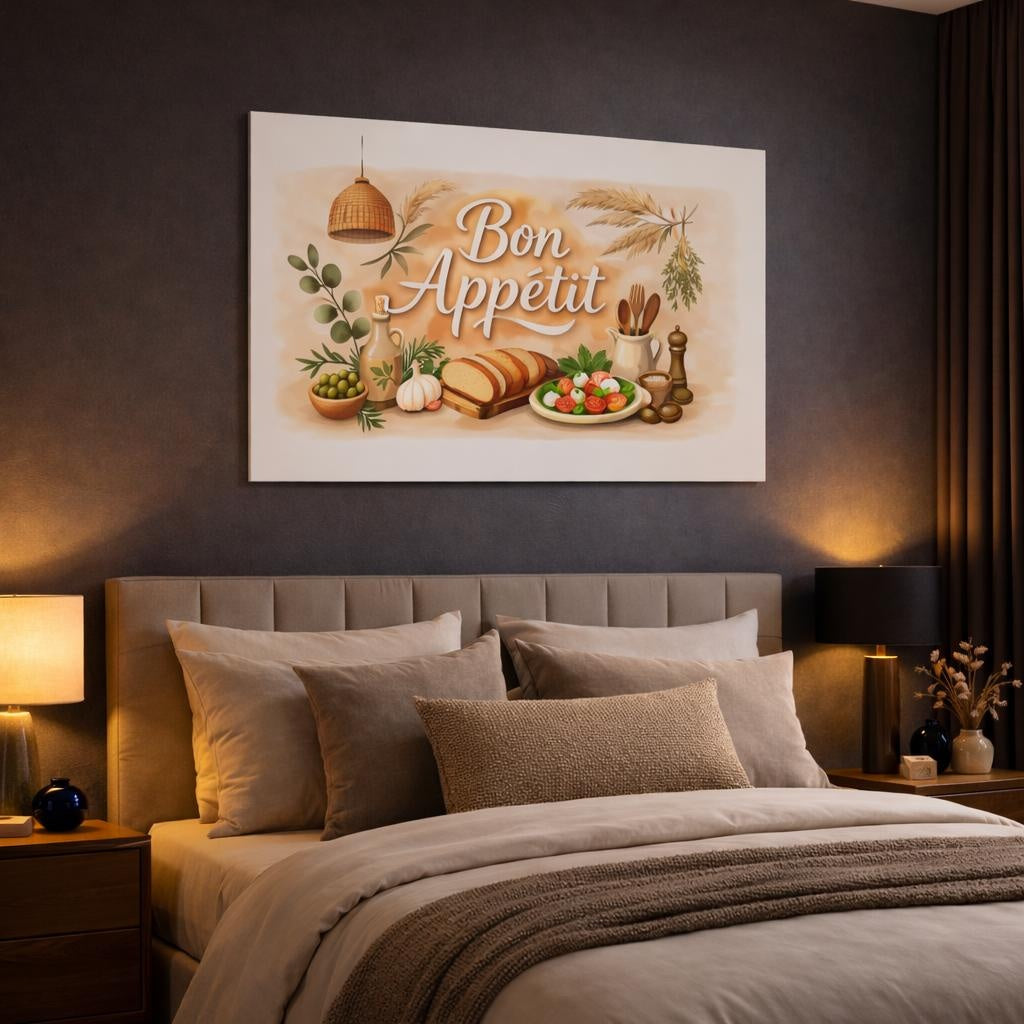 Boho Bon Appetit Kitchen Quote shown as canvas wall art in a luxury bedroom