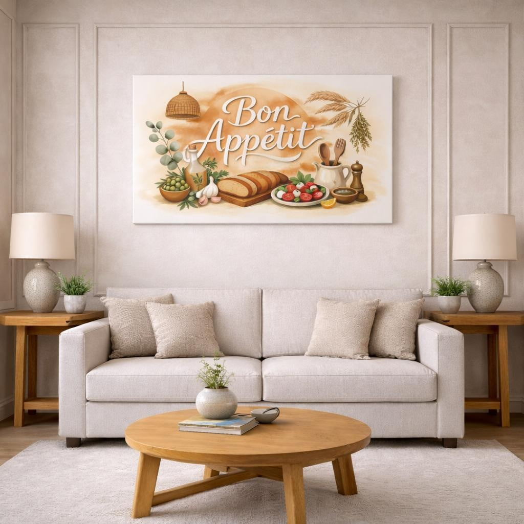 Boho Bon Appetit Kitchen Quote shown as canvas wall art in a modern living room
