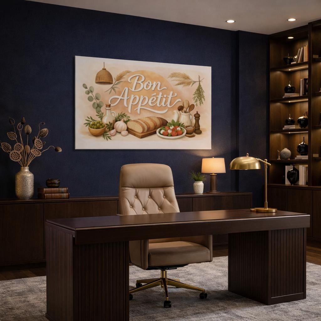 Boho Bon Appetit Kitchen Quote shown as canvas wall art in an elegant contemporary kitchen