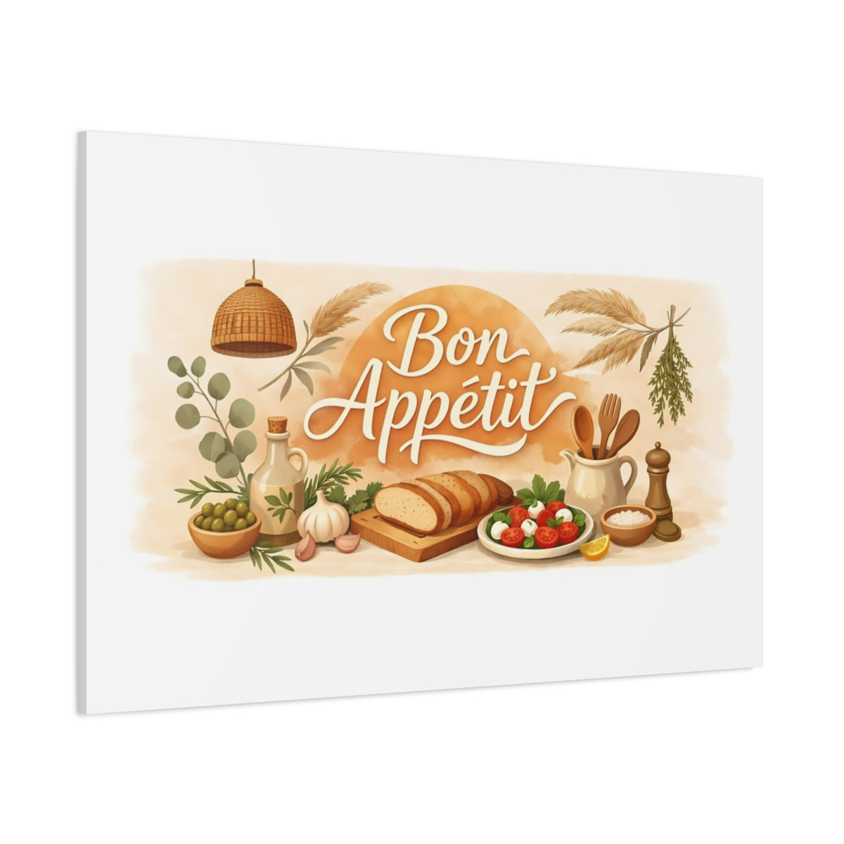Boho Bon Appetit Kitchen Quote shown as stretched canvas wall art