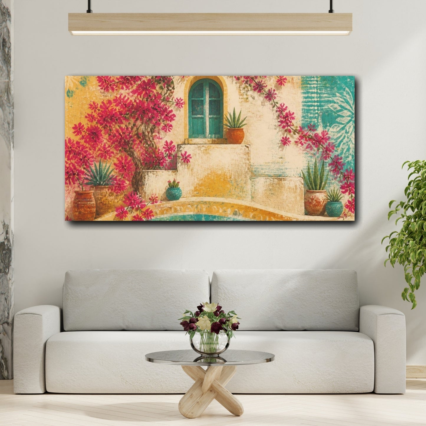 Mockup 2. Boho Bougainvillea Window shown as canvas print