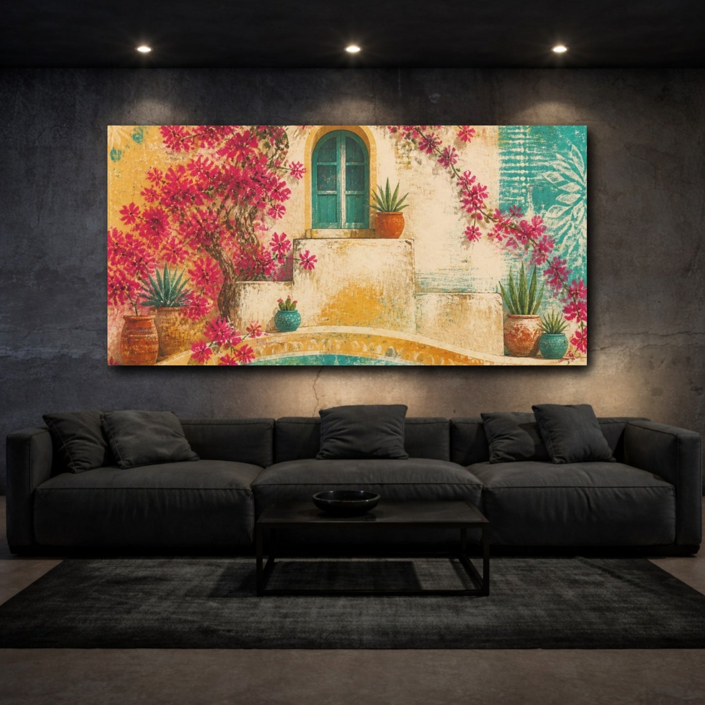 Mockup 3. Boho Bougainvillea Window shown as canvas print