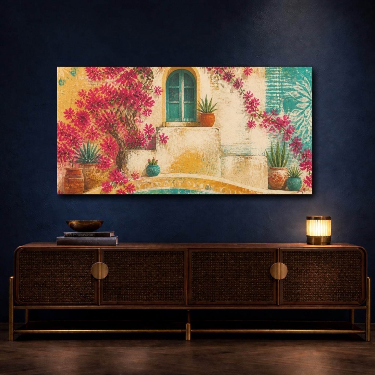 Mockup 4. Boho Bougainvillea Window shown as canvas print