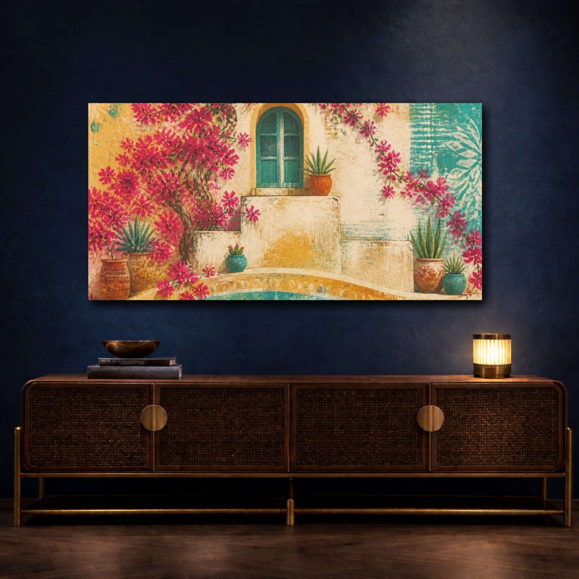 Mockup 4. Boho Bougainvillea Window shown as canvas print