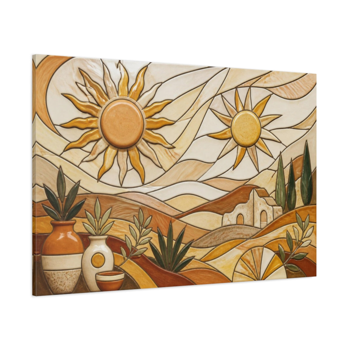 Side Mockup 1. Boho Ceramic Sun Landscape shown as canvas print