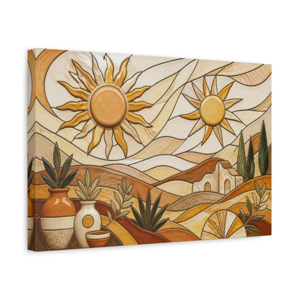Side Mockup 4. Boho Ceramic Sun Landscape shown as canvas print