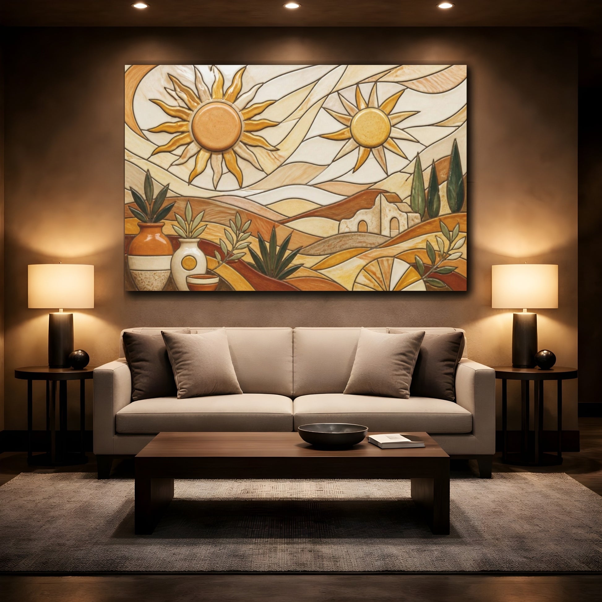 Mockup 2. Boho Ceramic Sun Landscape shown as canvas print
