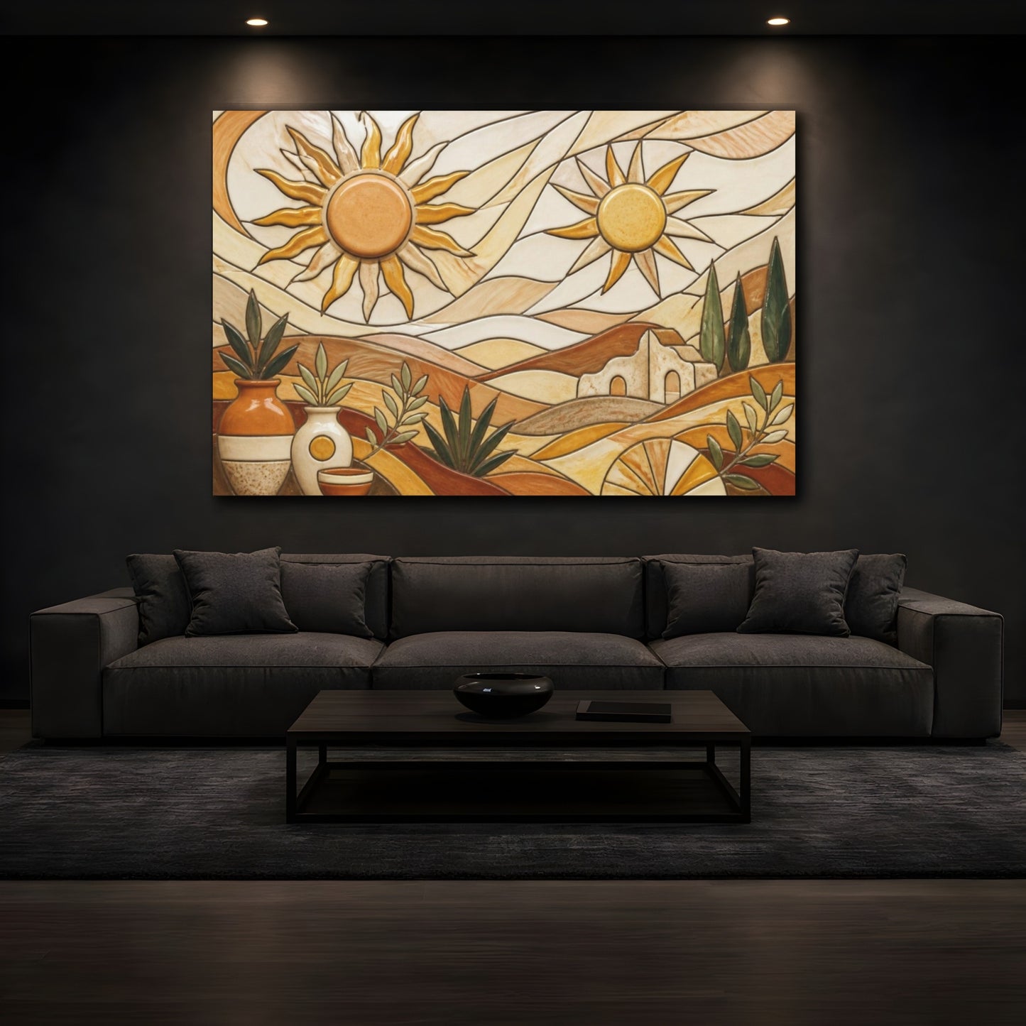Mockup 3. Boho Ceramic Sun Landscape shown as canvas print