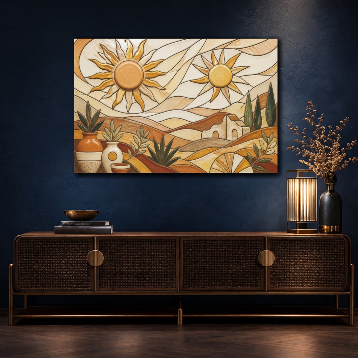 Mockup 4. Boho Ceramic Sun Landscape shown as canvas print
