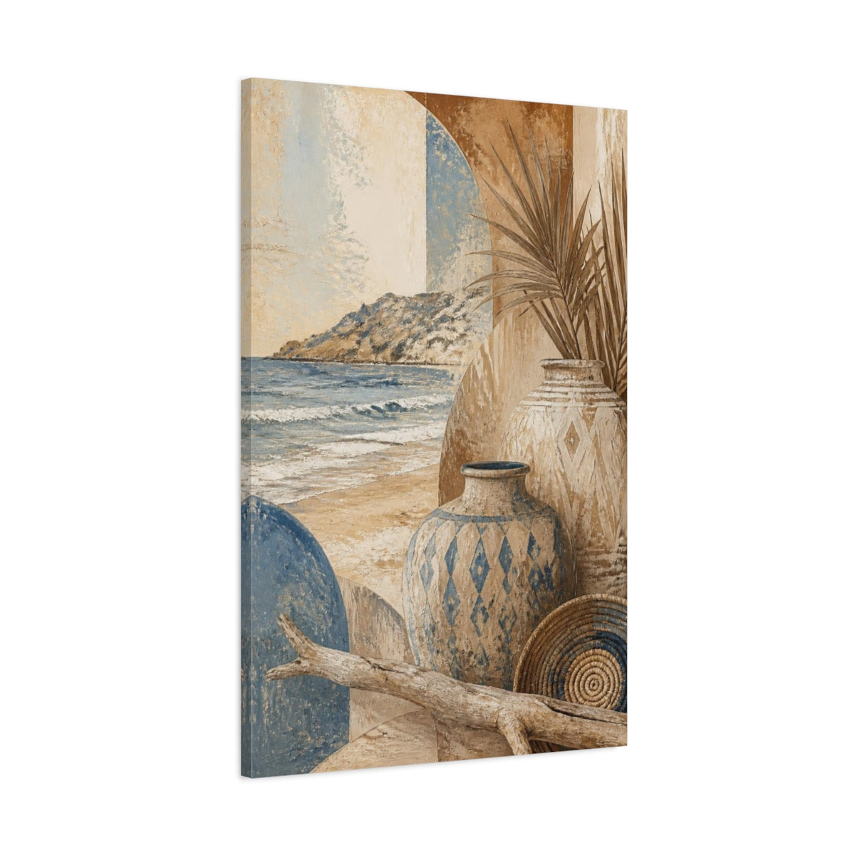 Main Mockup. Boho Coastal Clay Vases shown as canvas print