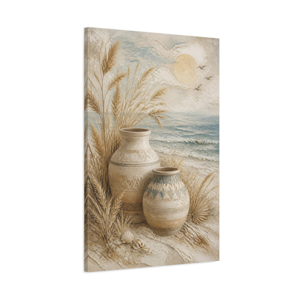 Main Mockup. Boho Coastal Clay Vases shown as canvas print