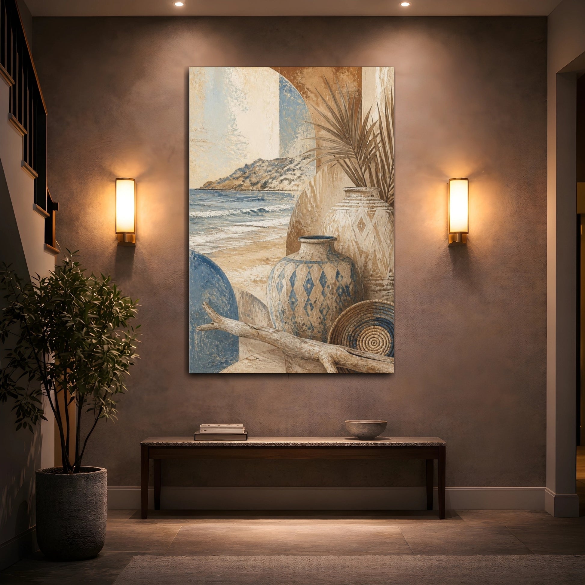 Mockup 2. Boho Coastal Clay Vases shown as canvas print