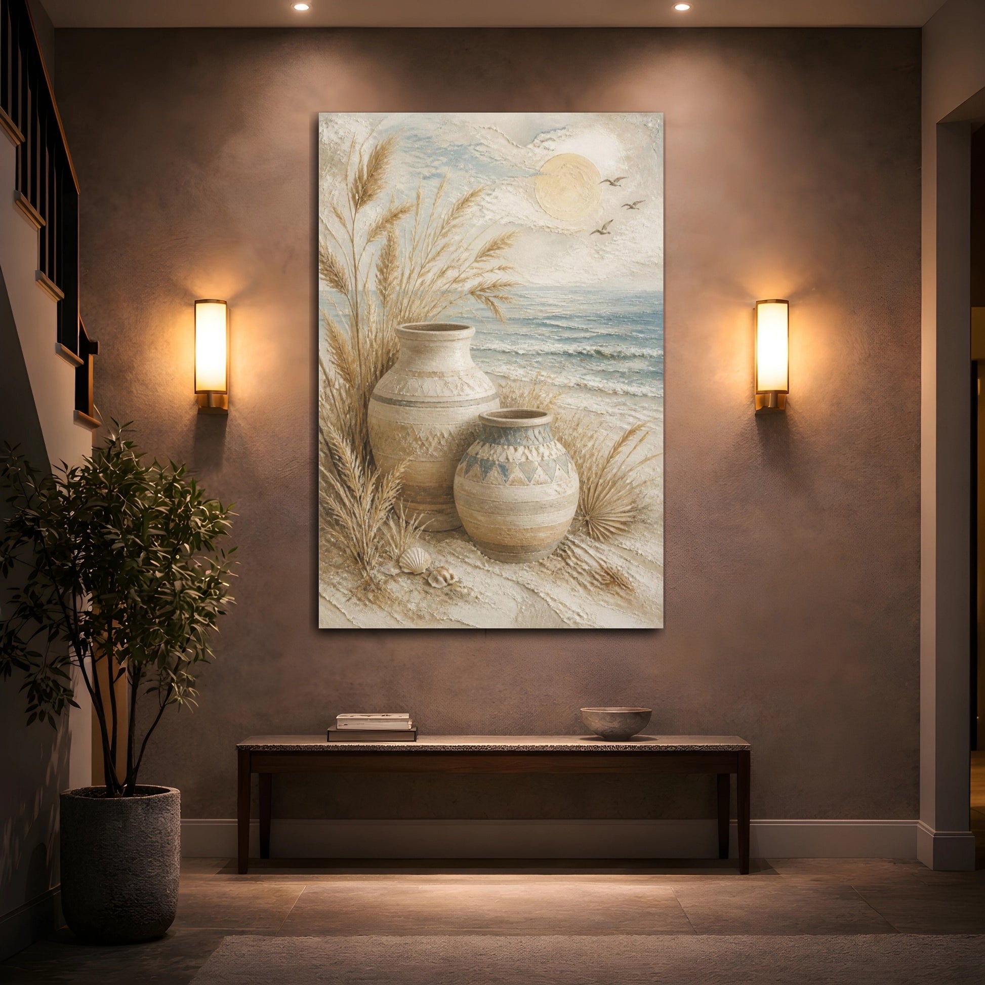 Mockup 2. Boho Coastal Clay Vases shown as canvas print