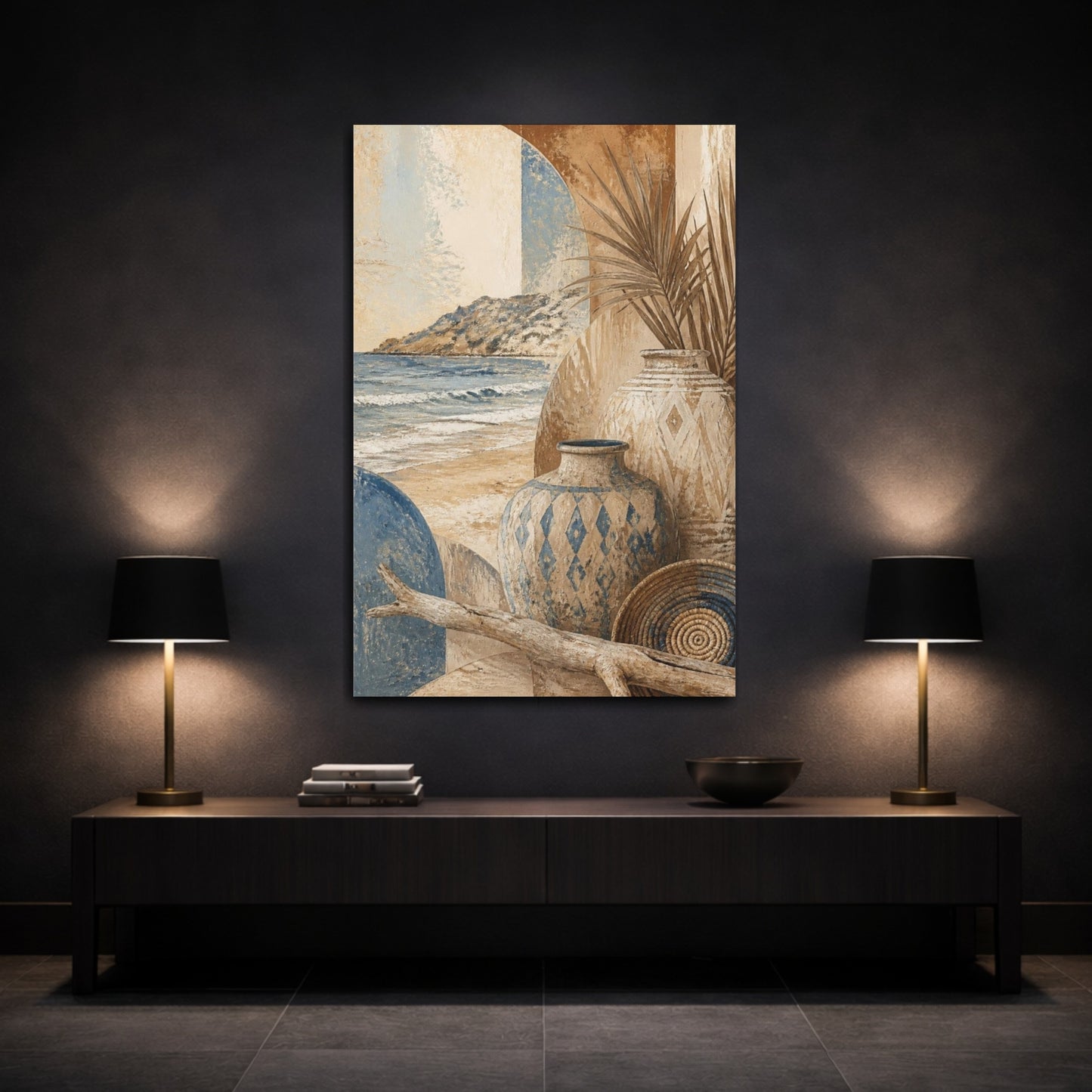 Mockup 3. Boho Coastal Clay Vases shown as canvas print