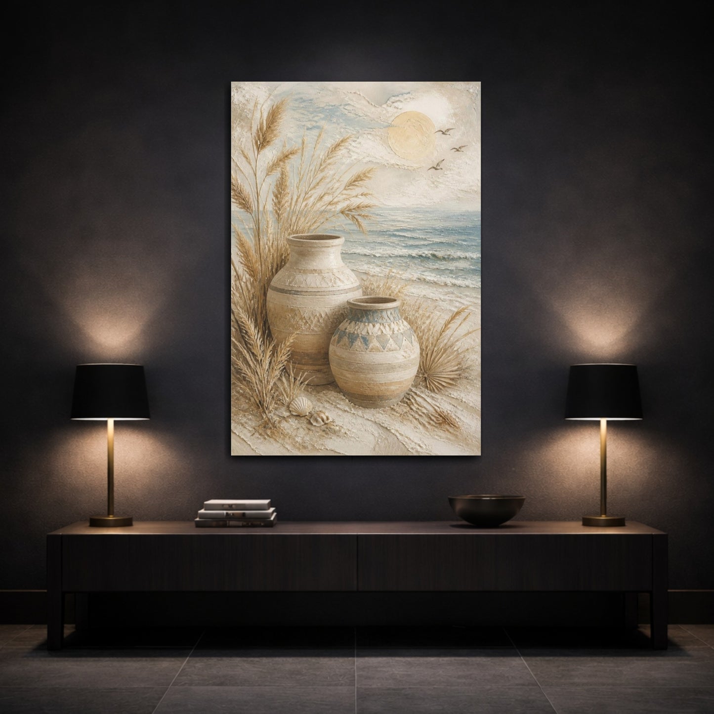 Mockup 3. Boho Coastal Clay Vases shown as canvas print