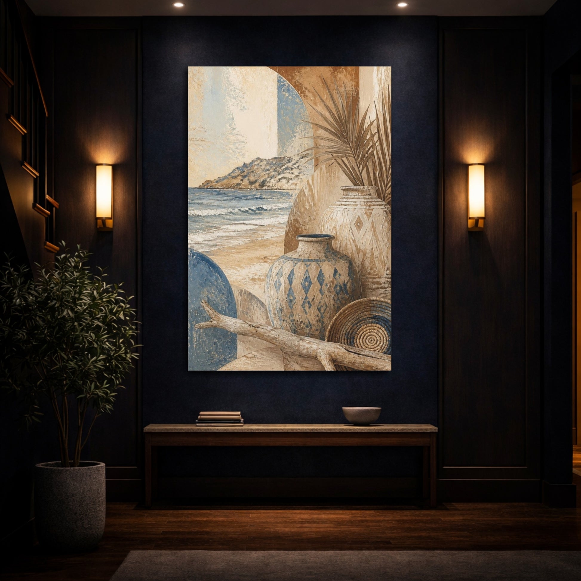Mockup 4. Boho Coastal Clay Vases shown as canvas print