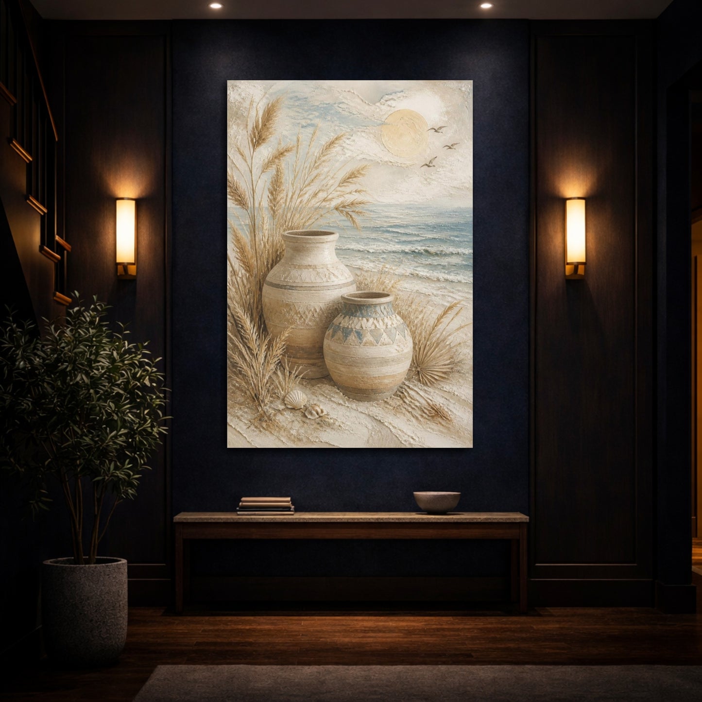 Mockup 4. Boho Coastal Clay Vases shown as canvas print