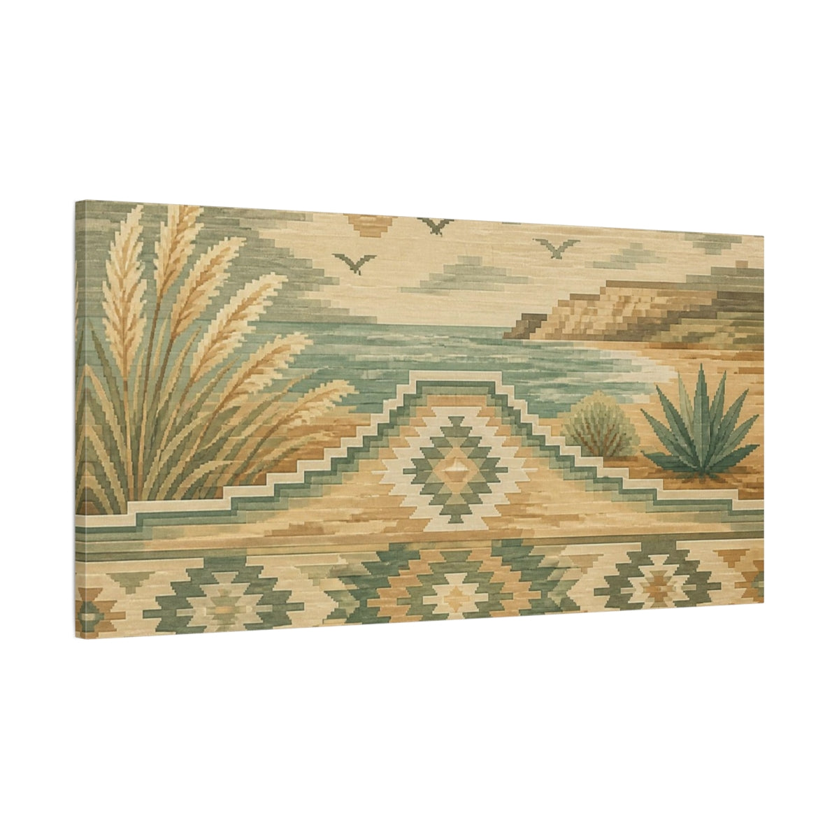 Main Mockup. Boho Coastal Kilim Landscape shown as canvas print