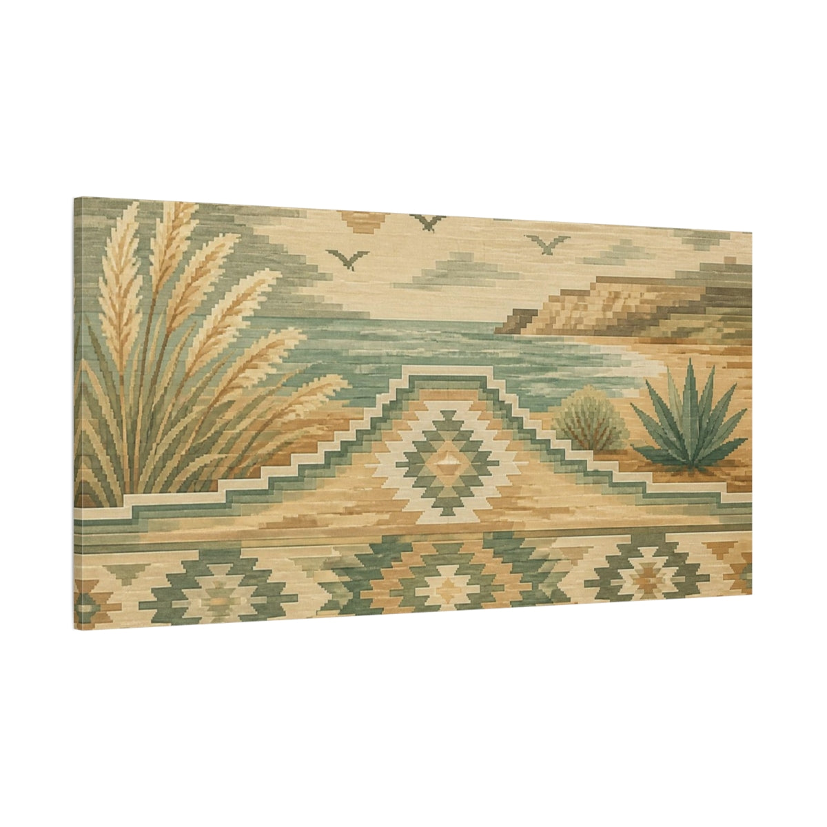 Side Mockup 2. Boho Coastal Kilim Landscape shown as canvas print