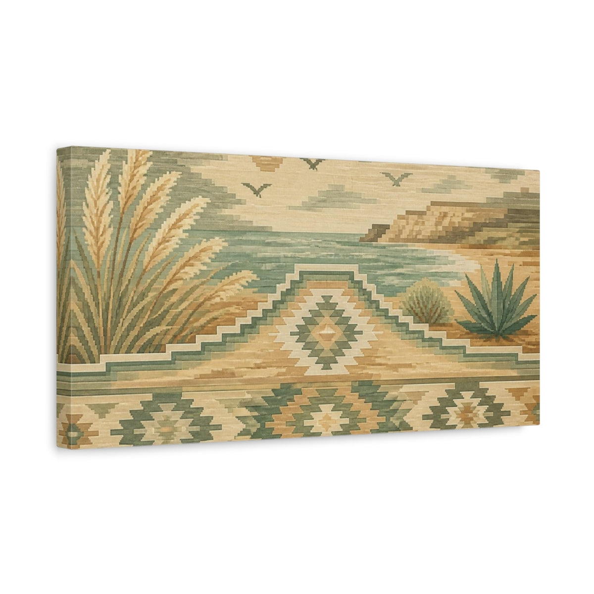 Side Mockup 3. Boho Coastal Kilim Landscape shown as canvas print