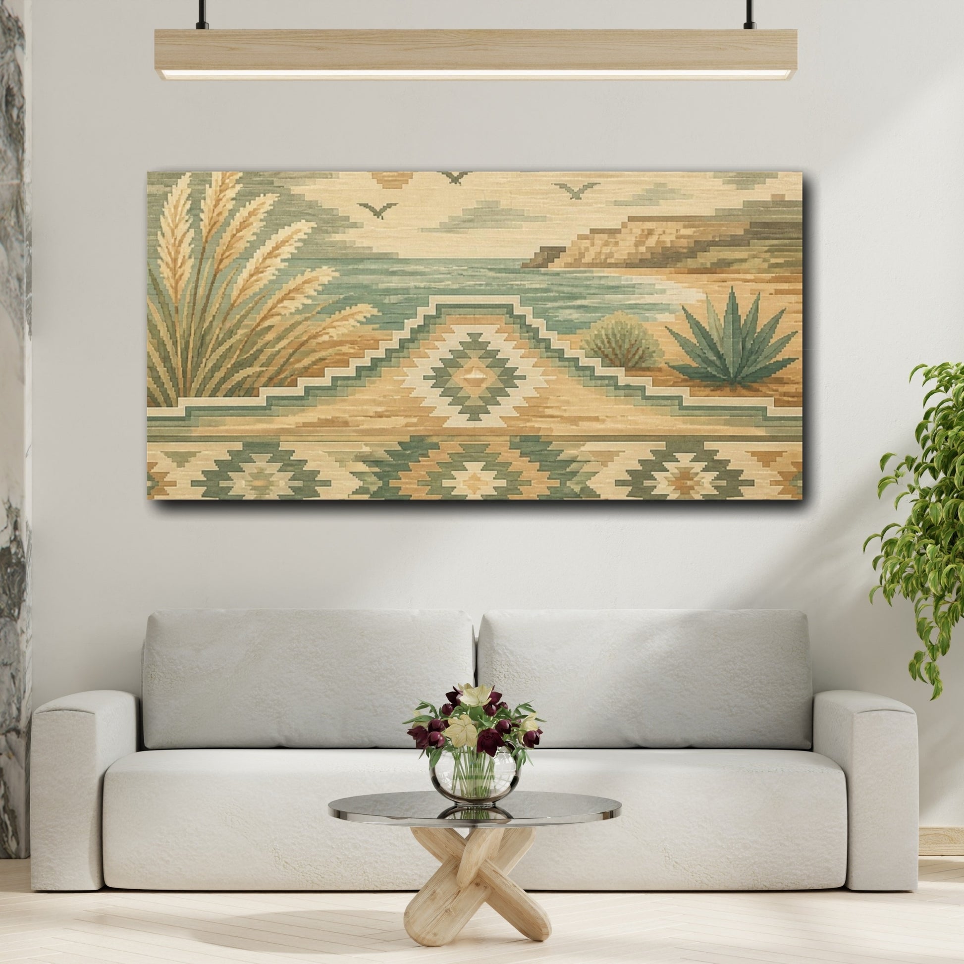 Mockup 2. Boho Coastal Kilim Landscape shown as canvas print