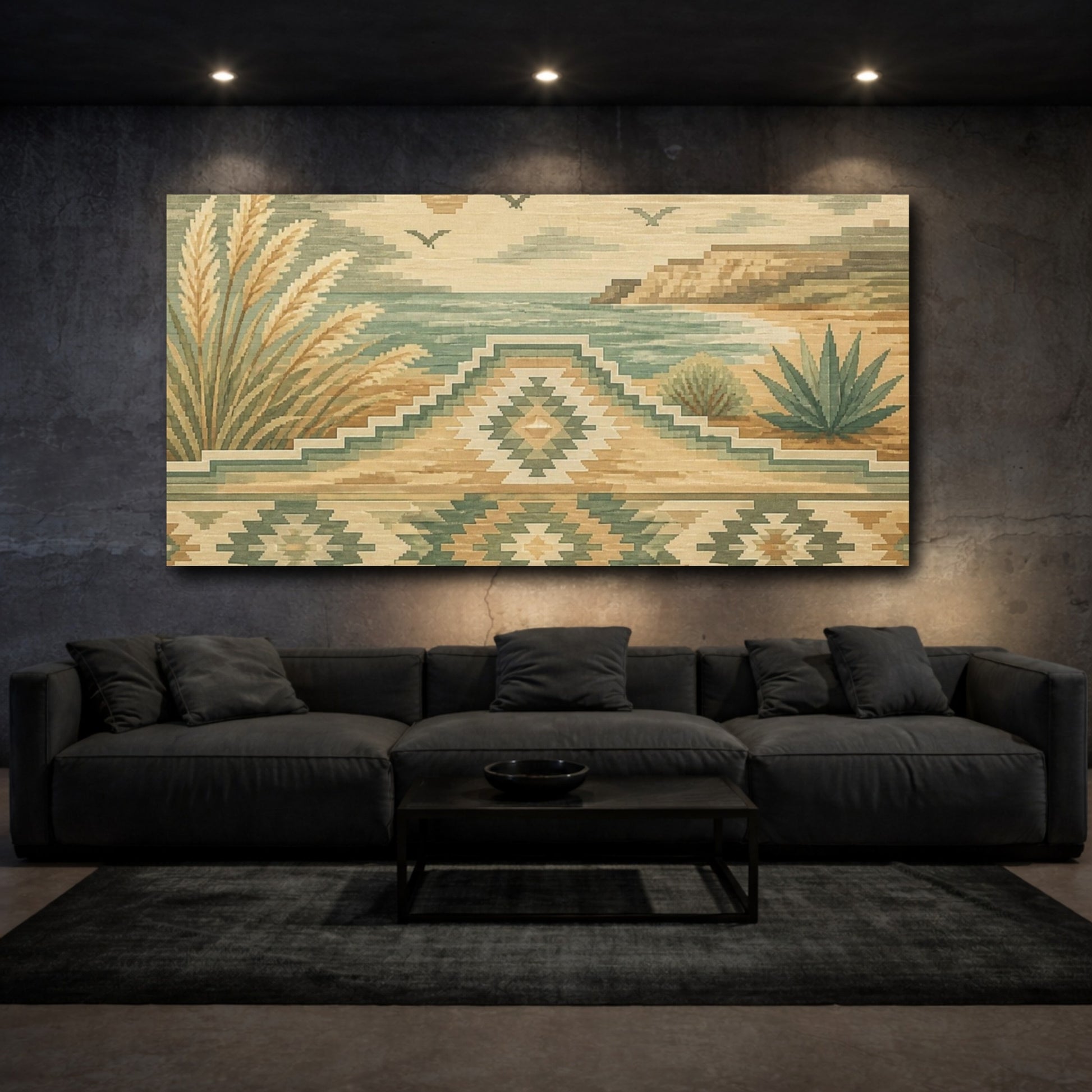 Mockup 3. Boho Coastal Kilim Landscape shown as canvas print