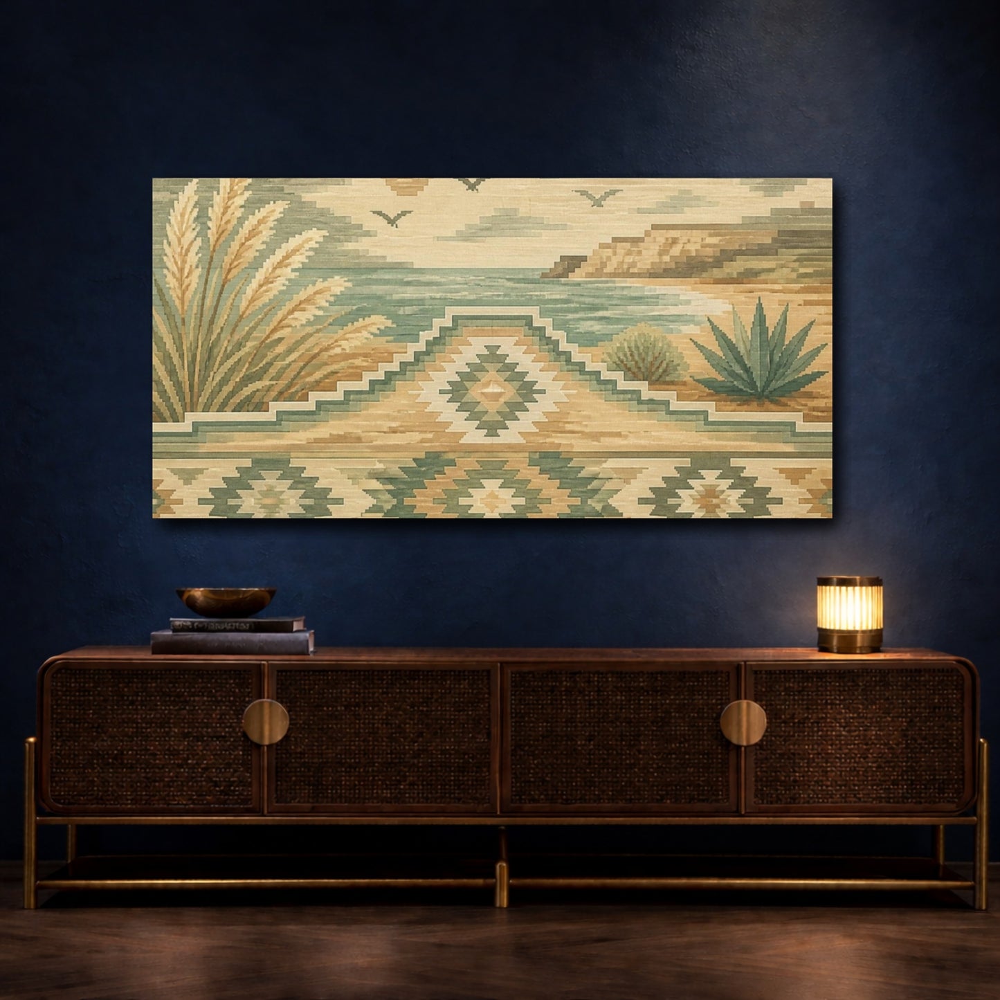 Mockup 4. Boho Coastal Kilim Landscape shown as canvas print