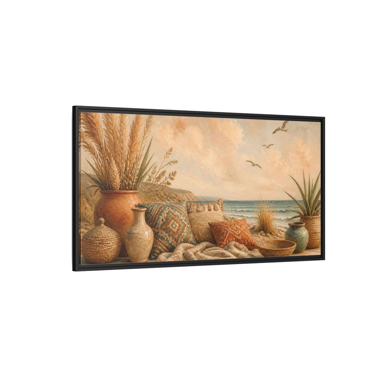 Side Mockup 5. Boho Coastal Seascape shown as framed canvas print