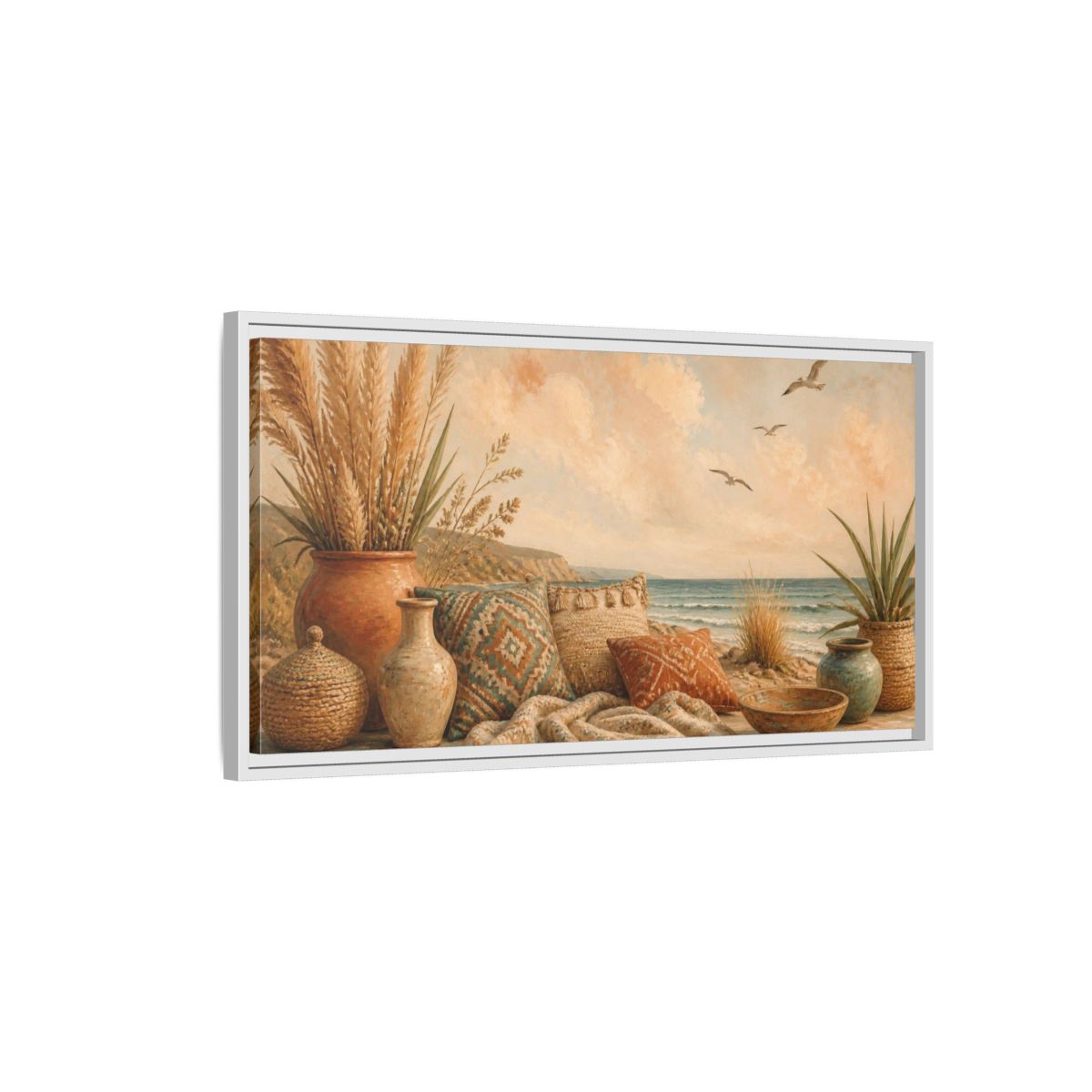 Side Mockup 1. Boho Coastal Seascape shown as framed canvas print